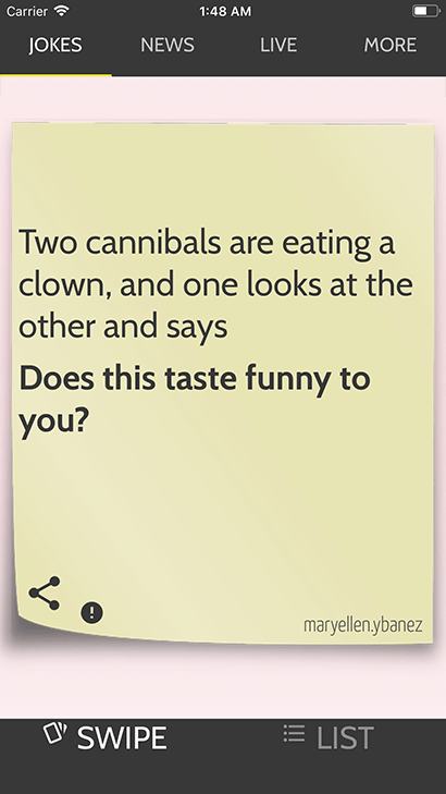 JokesApp Demo Screen with cannibal joke